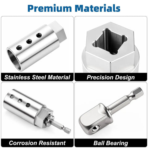 Heavy Duty Trailer Jack Drill Adapter For 1 Inch Cordless Shafts And Half Inch Square Drive Rust Proof Stainless Build close-up showing stainless steel material and precision design.