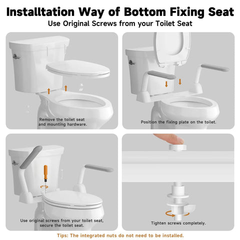Image showing the installation steps for Beast Mode Cast Iron Toilet Safety Rails with quick fold handles.