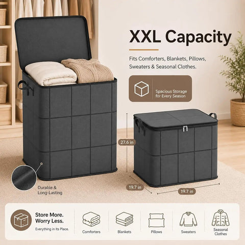 Big Roomy Fabric Storage Tote With Smooth Dual Zipper Foldable Closet Organizer For Quilts Bedding Moving Seasonal Coats, black, XXL size 27.6 in