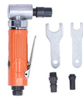 Badass 3/8 Inch Air Angle Die Grinder 20000 RPM right angle tool with orange grip and metal accessories for metalwork.