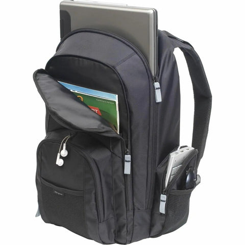 Hustle Hard Laptop Backpack For Up To 17 Inch Machines, Water Repellent Travel Daypack showing padded tech vault and pockets.