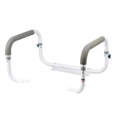 Straight Up Sturdy Toilet Safety Frame With Adjustable Width That Keeps Bath Time Breezy Ergonomic Grab Bars For Elderly And Handicap Post Surgery Recovery Supports Up To 300 Lbs Pack Of Two, with gray foam grips.