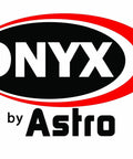 Logo of ONYX by Astro, featuring a bold black and red elliptical design.