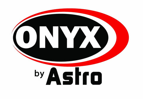 Logo of ONYX by Astro, featuring a bold black and red elliptical design.
