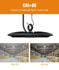Super Bright 150W LED High Bay Shop Lights Putting Out 19500 Lumens Of 5000K Daylight Perfect For Warehouses Gyms And Garages Replacing 400W HID HPS Lights Comes With Hanging Hook And Five Foot Plug In Cord For Easy Install showing hanging hook and CRI comparison