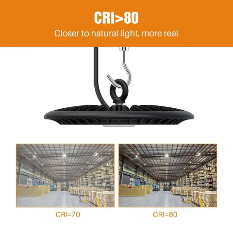 Super Bright 150W LED High Bay Shop Lights Putting Out 19500 Lumens Of 5000K Daylight Perfect For Warehouses Gyms And Garages Replacing 400W HID HPS Lights Comes With Hanging Hook And Five Foot Plug In Cord For Easy Install showing hanging hook and CRI comparison