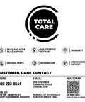 Total Care customer service contact details with phone, email, WhatsApp, and support information in black and white design.