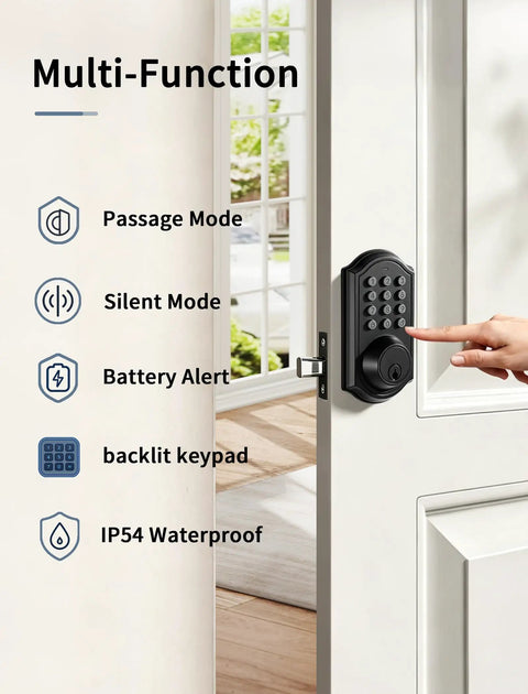 Cut The Cord On Lost Keys With This Keyless Entry Door Lock Featuring An Electronic Keypad Deadbolt For Your Front Door That Stores 100 Unique Codes With Smooth Daily Use - multi-function black electronic keypad lock with backlit display.
