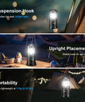 Portable LED Camping Lantern 2-Pack with battery operated lights in use outdoors, showing suspension hook and upright placement.