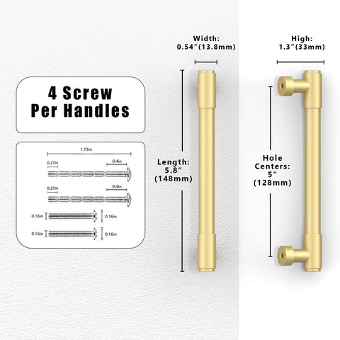 10 Pack Brushed Gold Cabinet Pulls and Drawer Handles 5 Inch Center to Center Kitchen Hardware Updates with dimensions and screw details