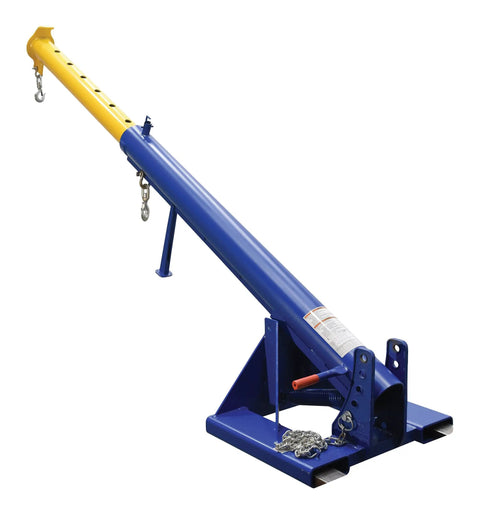 Heavy Duty Telescoping Forklift Boom Attachment With 6000 Lbs Load Capacity And 24 Inch Forks, blue welded steel, adjustable angle.
