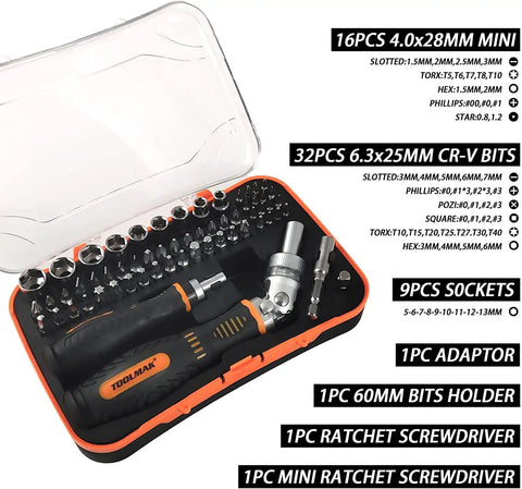 Ratcheting Screwdriver And Socket Set With Precision Bit Kit Rotatable Ratchet Handles And Storage Case Ultimate Diy Household Repair Kit For Bikes Watches Glasses And Phones in open carrying case