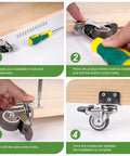 Installation guide for Four Piece Low Profile Caster Wheels With Slick Swivel Brackets on wood surface with tools and screws.