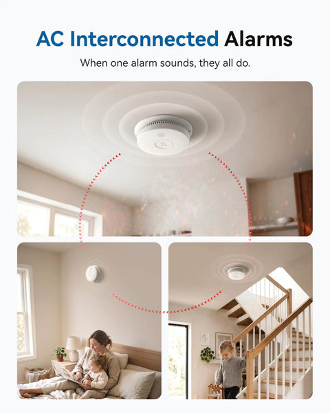 AC Interconnected Alarms, No Sweat Setup Photoelectric Smoke Detector And Hardwired Fire Alarm With Interconnected Wiring And 9V Backup.
