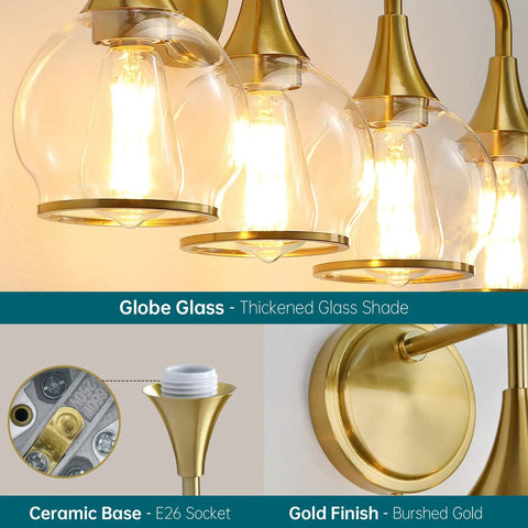 Close-up of Hot Gold 4 Light Vanity Light Fixture Over Mirror With Clear Glass Globe Shades 30.7 Inch Wall Sconce Bath Lighting