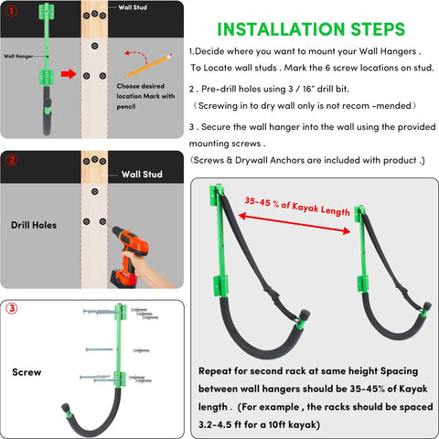 Installation guide for Tough As Nails Kayak Wall Mount Rack And Storage Holder 2 Pack Heavy Duty Steel with EVA Hooks