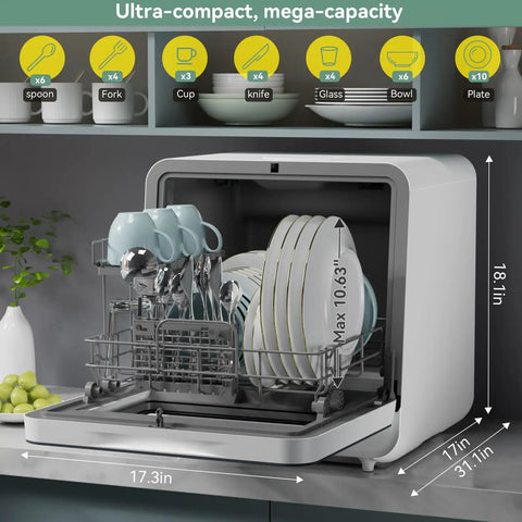 No Sweat Compact Countertop Dishwasher For Apartments Dorms And Rv With Five Place Setting Capacity, silver body with dishes inside.