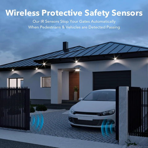 Infrared Gate Opener Sensor Set With Rotatable Lens And Wireless Receiver for outdoor use shown in driveway with car and gates
