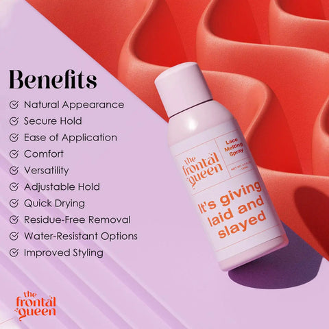 Bottle of Lace Melting Spray For Wigs With Extra Hold No Residue Bond Adhesive Ashy Lace Eliminator on red background.