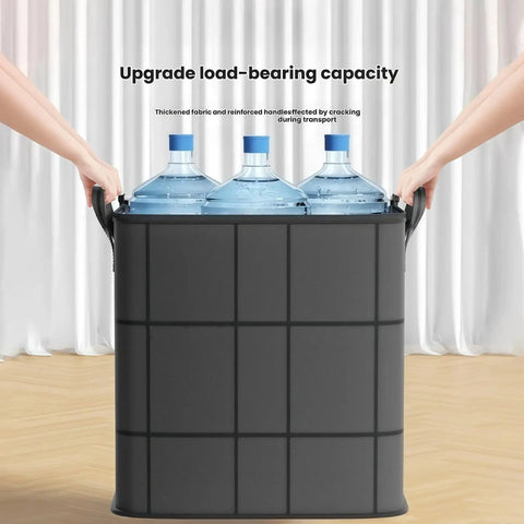 Tough As Nails Moving Storage Bags 2 Pack Hella Spacious Zippered Closet Organizers For Clothes Built To Handle Heavy Loads carrying three water bottles.