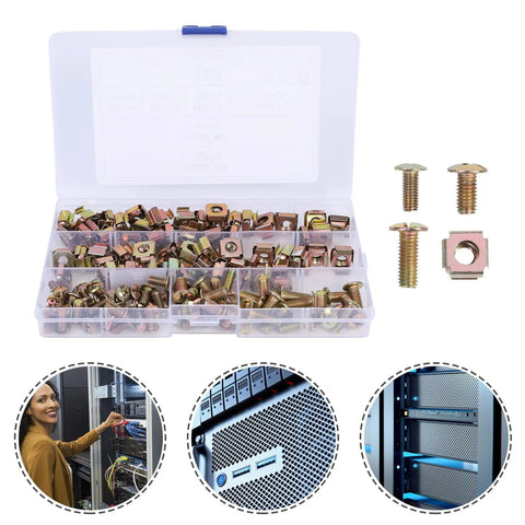 120 Piece M5 Cage Nut Screw Kit For Server Rack Rails With Anti Rotation Floating Threaded Inserts in a clear storage case.