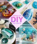 Crystal Clear Epoxy Resin Kit 1 Gallon Self Leveling UV Resistant Rapid Cure For DIY Projects River Tables Woodworking Art Molds Casting Jewelry And Crafts For Beginners And Pros shown in various art and craft applications