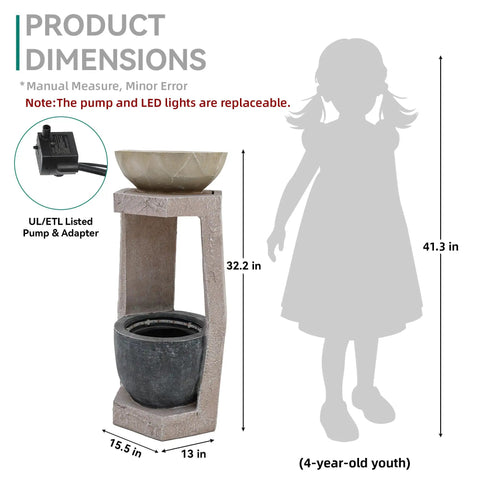 Dimensions of 32 Inch Outdoor Fountain With Modern Geometric Two Bowls Water Feature And LED Lights Resin Durable Cascading Waterfall For Patio Backyard Garden Or Porch shown next to a silhouette of a child for scale.