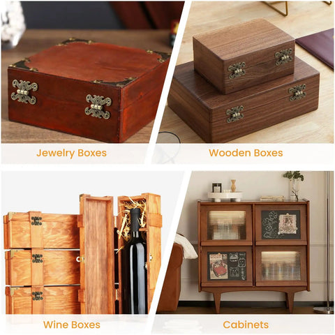 Antique Mini Folding Hinge Set 8 Pieces H Shape Decorative Hinges on various boxes and cabinets showcasing vintage charm.