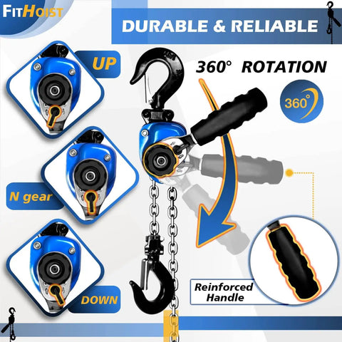 Diagram showing the Beefy Mini Chain Hoist 1/4 Ton Rated 550 Lb 5 Ft Lift Manual Lever Hoist with 360-degree rotation and reinforced handle