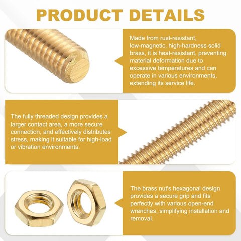 Heavy Duty Brass Fully Threaded Rod Set With Two Chunky Hex Nuts Featuring M8 Metric Thread And Ten Inch Run for secure connections.