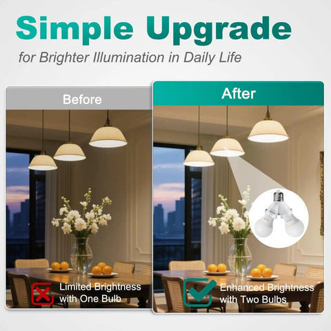 Comparison of lighting before and after using Two Pack 2 In 1 E26 Socket Splitter Adapter Y Shape Lamp Holder Converter