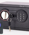 Digital Time Lock Safe With Countdown Timer And Emergency Usb Power Solid Gold Security Vault front view with keypad and key access.