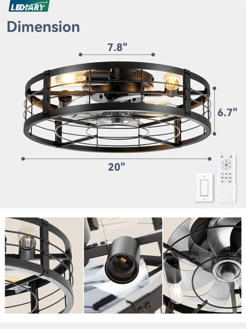 20 Inch Caged Ceiling Fan With Light And Remote, Low Profile Flush Mount Fandelier In Black with dimensions and remote control