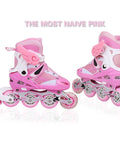 Adjustable Kids Inline Skates With Light Up Wheels Pink Size L 38-41 EU showing side view with durable PU Mesh design