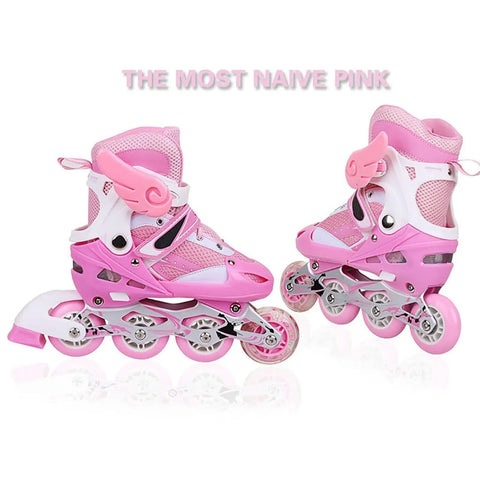 Adjustable Kids Inline Skates With Light Up Wheels Pink Size L 38-41 EU showing side view with durable PU Mesh design