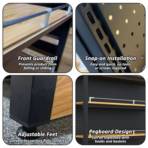Close-up of Built Tough Heavy Duty Double Sided Gondola Shelving Unit features including front guardrail and adjustable feet.