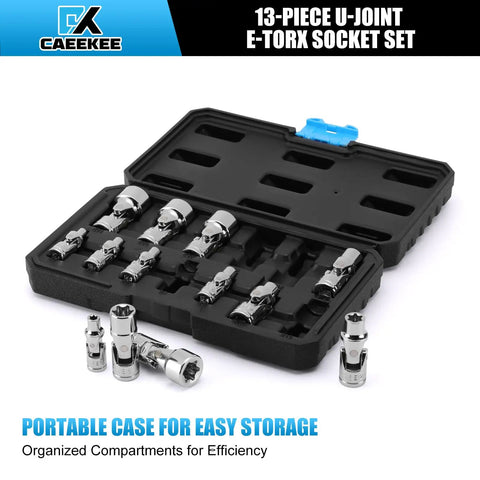 Rugged 13 Piece External Torx Socket Set for 1/4 and 3/8 Inch Drives with storage case and chrome vanadium steel sockets