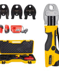 Power Up Plumbing Press Tool Kit with battery powered hydraulic pipe press tool for copper pipes, 3 jaws DN15, DN20, DN25