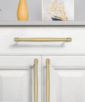 Sturdy As A Rock 10 Pack Premium Brushed Gold Cabinet Pulls 5 Inch 128Mm Hole Center Heavy Duty Kitchen Drawer Hardware on white cabinet.