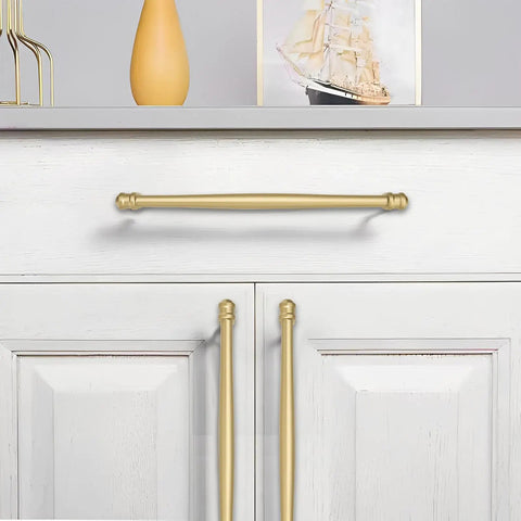 Sturdy As A Rock 10 Pack Premium Brushed Gold Cabinet Pulls 5 Inch 128Mm Hole Center Heavy Duty Kitchen Drawer Hardware on white cabinet.