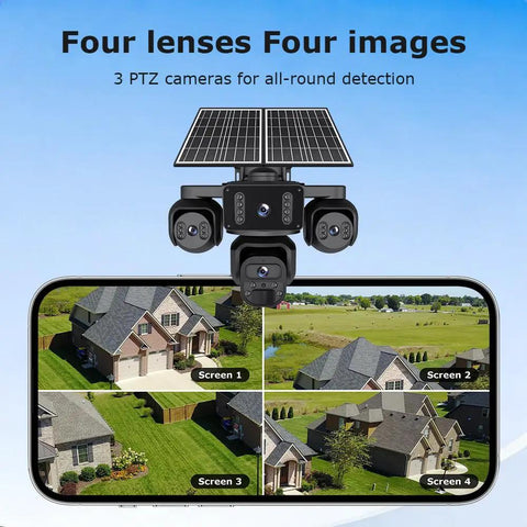 20MP Four Lens Solar Security Camera Outdoor Wifi Wireless Surveillance For Home Yard And Driveway Keeps Your Place Locked Down Fo Sho Ultra Wide Angle showing four views on smartphone from solar-powered cameras.