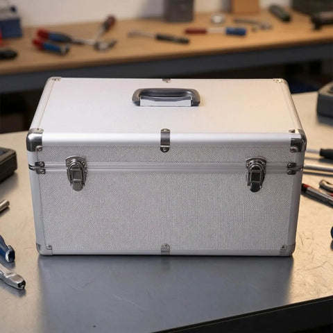 Silver Metal Tool Case With Ergo Grip Carrying Handle And Reinforced Corner Guards Built Different For Reliability During Harsh Field Repairs And Gear Storage With Multiple Secure Locking Clasps To Keep Your Wrenches Safe, shown from the front on a workbench.