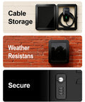 Lock Down Your EV Charger Setup With This Built Like A Tank Outdoor Enclosure To Block Tampering And Weather Damage For Level Two Charging Stations In Driveways Or Garages Featuring Heavy Duty Metal Guard, showing secure cable storage and weather resistance design.