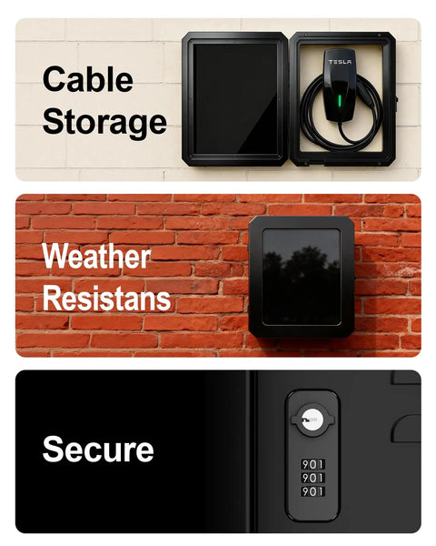 Lock Down Your EV Charger Setup With This Built Like A Tank Outdoor Enclosure To Block Tampering And Weather Damage For Level Two Charging Stations In Driveways Or Garages Featuring Heavy Duty Metal Guard, showing secure cable storage and weather resistance design.