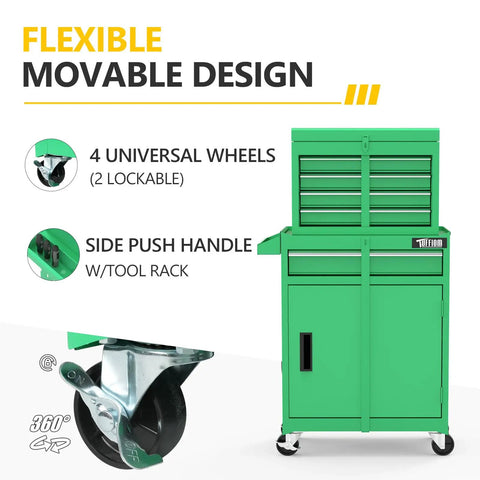 Built Tough Five Drawer Rolling Tool Chest With Lockable Heavy Duty Casters And Detachable Work Surface Plus Roomy Bottom Cabinet And Adjustable Metal Shelf For Mechanics And Garage Shops, featuring 4 wheels and side handle.