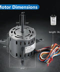 Heavy Duty 1/2 Hp 4 Speed Blower Fan Motor Compatible With Goodman Furnace Replacement 0131F00042 showing motor dimensions and wiring.