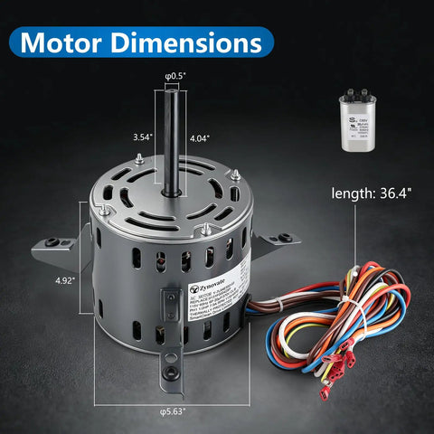 Heavy Duty 1/2 Hp 4 Speed Blower Fan Motor Compatible With Goodman Furnace Replacement 0131F00042 showing motor dimensions and wiring.