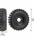 Side and front view of a 12.6-inch tire from Compact 29 Inch Go Kart Rolling Chassis Kit With Four 6 Inch Wheels For Diy Builds T8F Drive