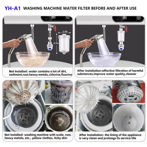 1 Micron Washing Machine Water Filter System With Multi Stage Activated Carbon Fiber Filtration showing before and after use