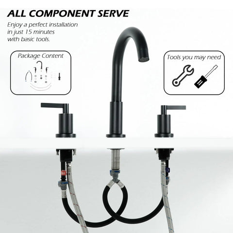 Widespread Three Hole Brushed Gold Bathroom Faucet With Two Handles Modern Brass Vanity Sink Faucet Includes Supply Hoses And Pop Up Drain Stopper, installation view